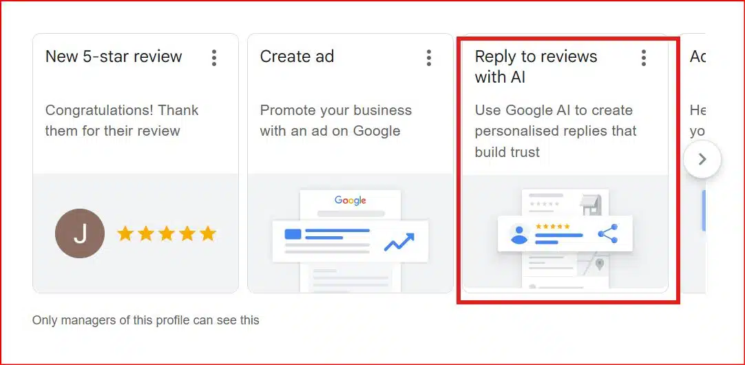 Google Business Profile dashboard showing “Reply to reviews with AI” feature highlighted, alongside options for new reviews and creating ads