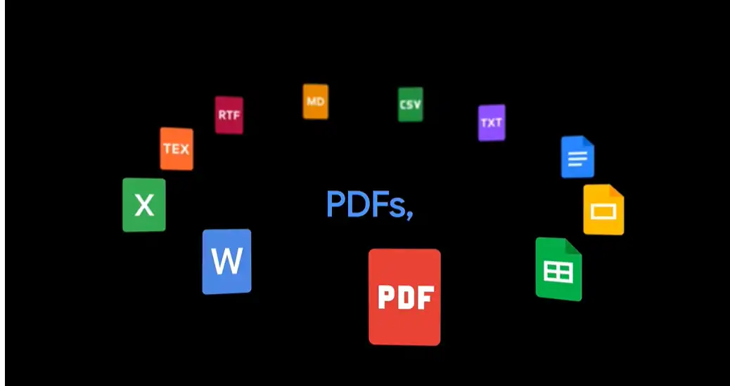 Gemini file generation supporting multiple formats like PDF, Word, Excel, CSV, TXT and LaTeX files