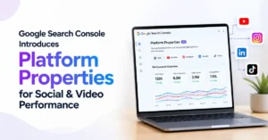 Google Search Console Platform Properties dashboard showing social and video performance analytics for YouTube, Instagram, LinkedIn, and TikTok in one unified report