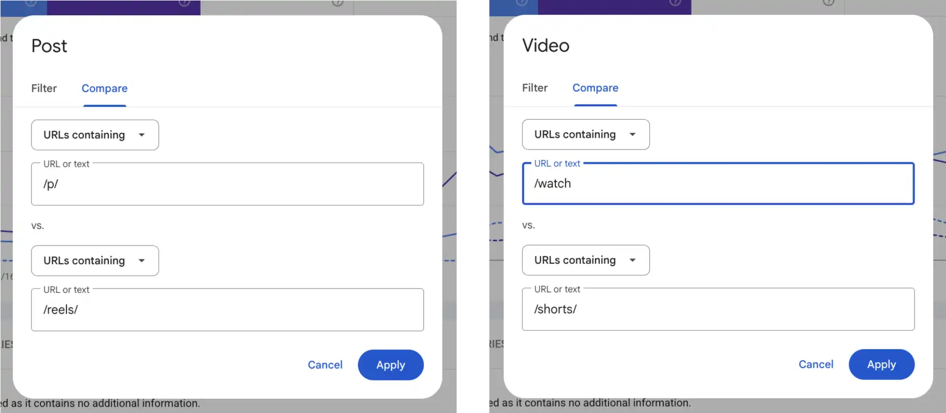 Google Search Console Platform Properties compare filters for Instagram posts, Reels, YouTube videos, and Shorts performance analysis in Google Search.