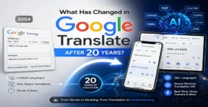Google Translate evolution from 2004 to AI-powered translation with mobile apps and multilingual support