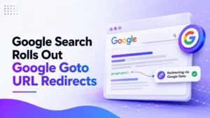 Google Search interface showing Google Goto URL redirects with a redirect notification.