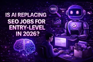 Futuristic illustration showing AI replacing entry-level SEO jobs with robot, AI brain, and human working at computer titled “Is AI Replacing SEO Jobs for Entry-Level in 2026?” – HackandGrow