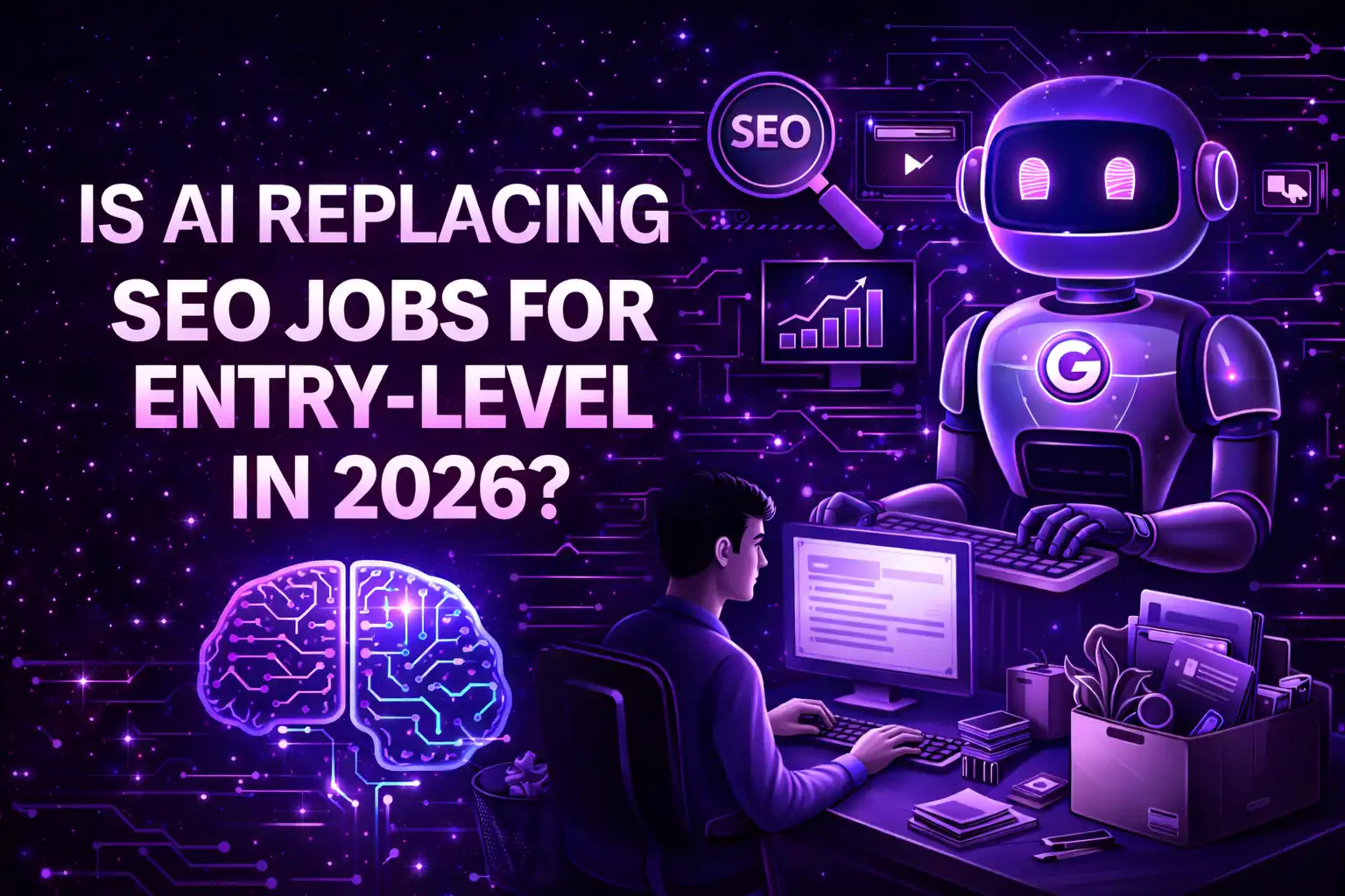 Futuristic illustration showing AI replacing entry-level SEO jobs with robot, AI brain, and human working at computer titled “Is AI Replacing SEO Jobs for Entry-Level in 2026?” – HackandGrow
