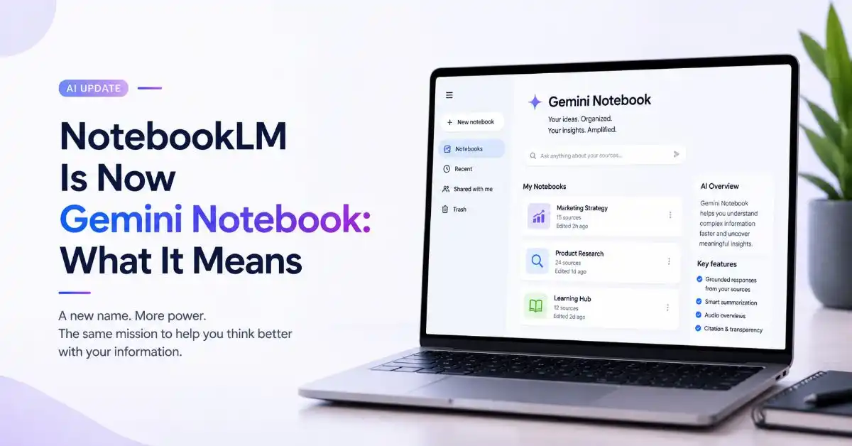 Google NotebookLM rebranded as Gemini Notebook, showcasing AI-powered research, note organization, document summarization, and intelligent knowledge management features.