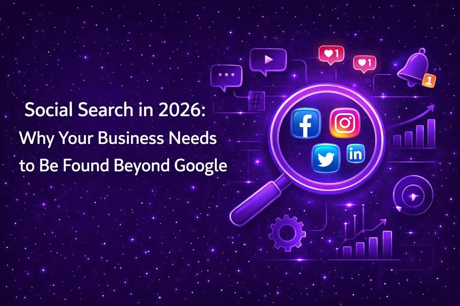 Blog feature image with a dark purple neon theme displaying the title “Social Search in 2026: Why Your Business Needs to Be Found Beyond Google” on the left, and on the right a glowing magnifying glass containing social media icons like Facebook, Instagram, Twitter, and LinkedIn, along with engagement and growth symbols.