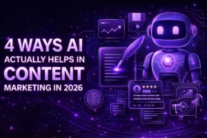 Futuristic purple-themed illustration showing AI in content marketing with robot, analytics dashboard, content creation, and automation elements titled “4 Ways AI Actually Helps in Content Marketing in 2026