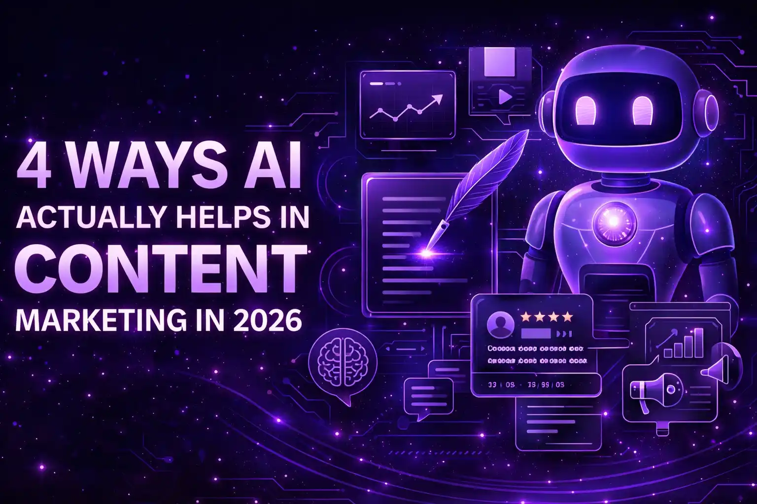 Futuristic purple-themed illustration showing AI in content marketing with robot, analytics dashboard, content creation, and automation elements titled “4 Ways AI Actually Helps in Content Marketing in 2026
