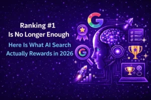 Futuristic purple AI-themed feature image with bold headline “Ranking #1 Is No Longer Enough: Here Is What AI Search ranking Actually Rewards in 2026” on the left, and on the right a glowing digital human head with neural network, surrounded by SEO icons like Google logo, trophy, checklist, rocket, and analytics charts representing AI-driven search rankings.