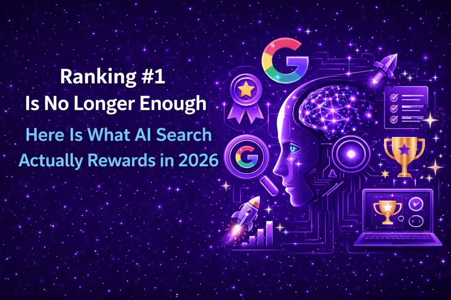 Futuristic purple AI-themed feature image with bold headline “Ranking #1 Is No Longer Enough: Here Is What AI Search ranking Actually Rewards in 2026” on the left, and on the right a glowing digital human head with neural network, surrounded by SEO icons like Google logo, trophy, checklist, rocket, and analytics charts representing AI-driven search rankings.