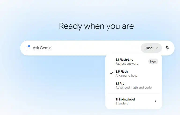 Gemini 3.5 Flash interface announced at Google I/O 2026, showcasing Google's latest AI model with improved reasoning, coding, and productivity capabilities.