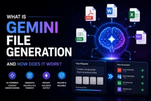Gemini AI file generation concept showing creation of PDF, Word, Excel, CSV, and TXT files from user input with AI-powered automation interface