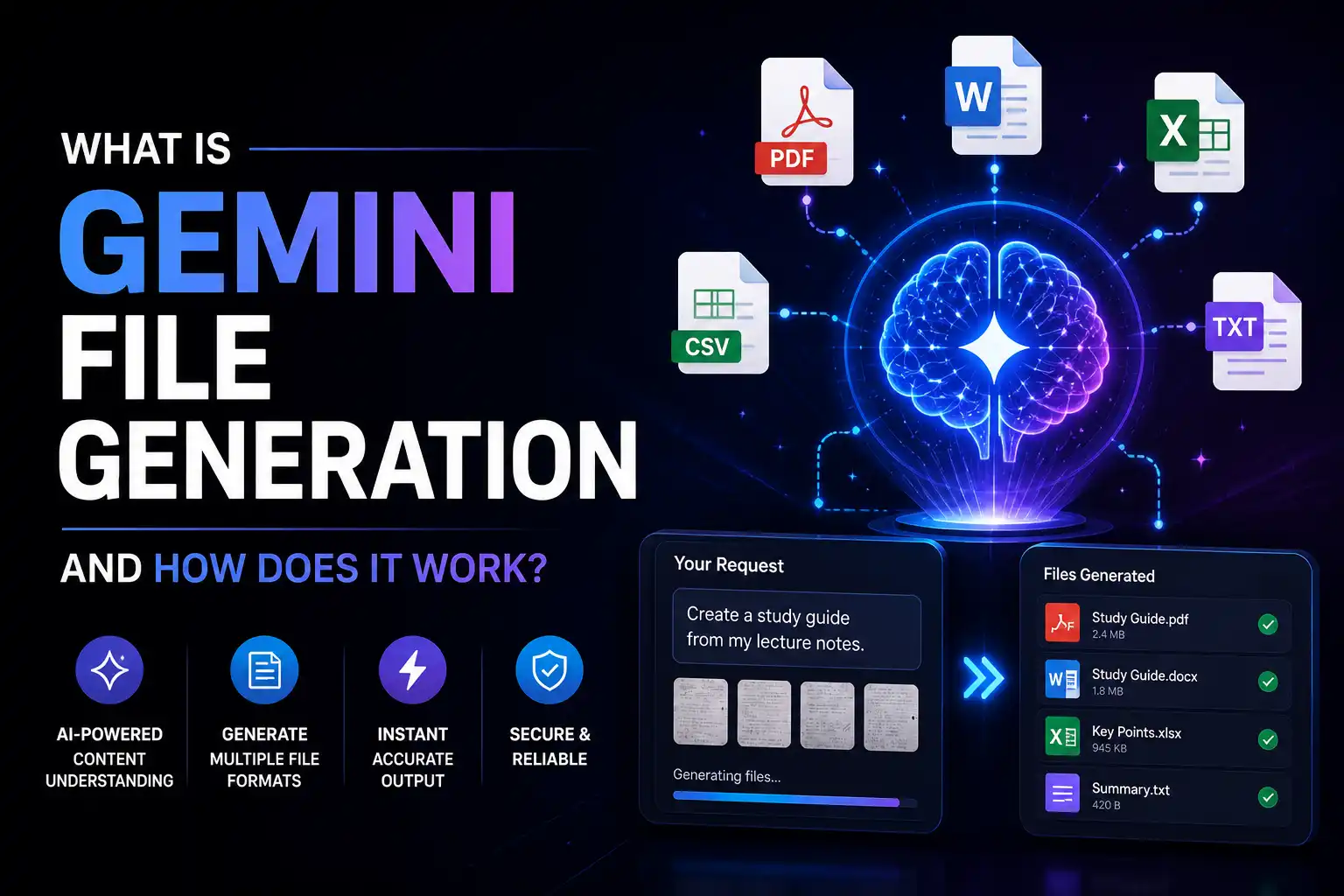 Gemini AI file generation concept showing creation of PDF, Word, Excel, CSV, and TXT files from user input with AI-powered automation interface