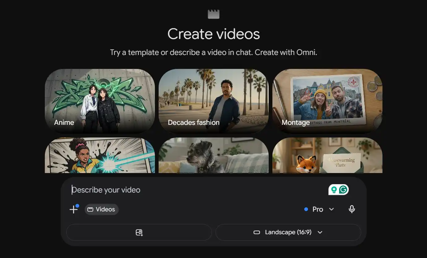 Gemini Omni AI video generation interface with video creation templates and multimodal prompt input options