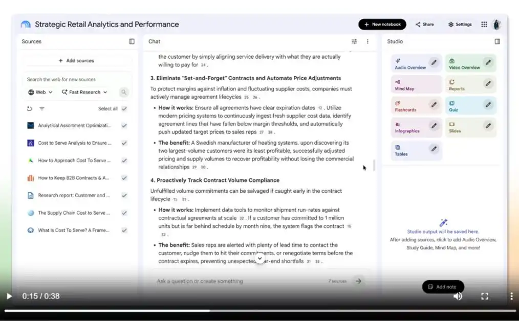 Gemini Notebook interface with AI Studio tools for document analysis, research, audio overviews, mind maps, flashcards, quizzes, and AI-powered content creation.