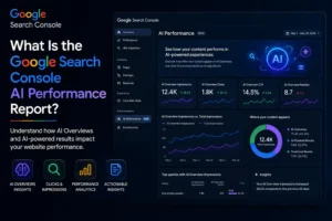 Digital dashboard illustrating the Google Search Console AI Performance Report with AI Overview analytics, search visibility data, performance charts, and website traffic insights.