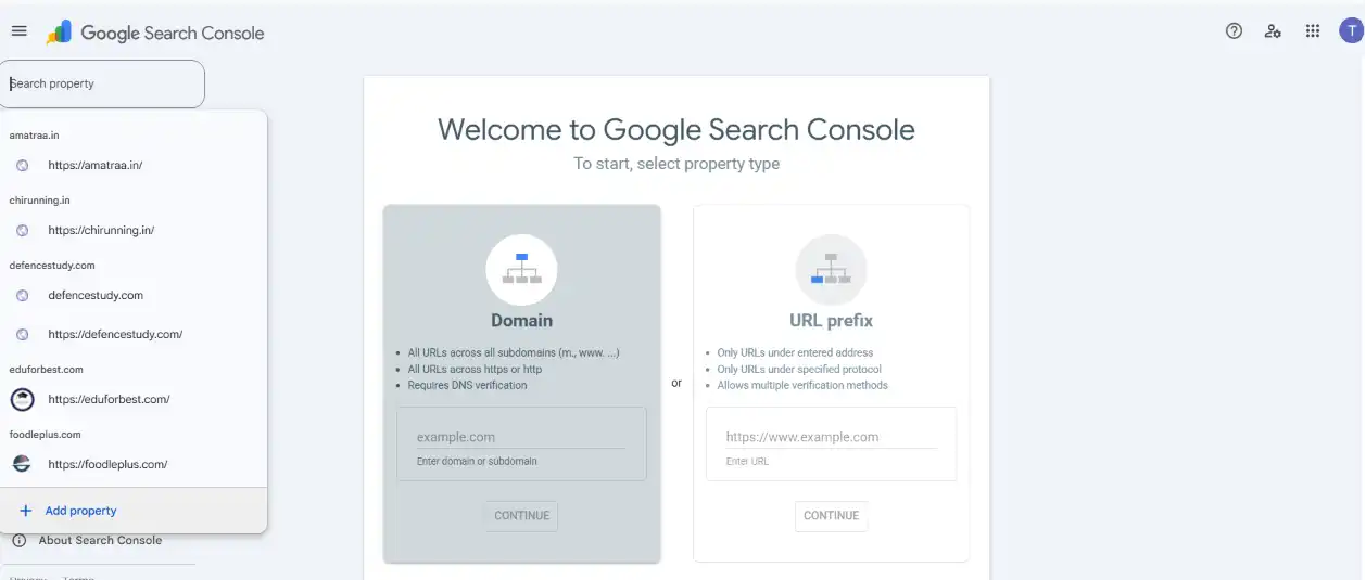 Google Search Console property selection screen showing Domain and URL prefix verification options