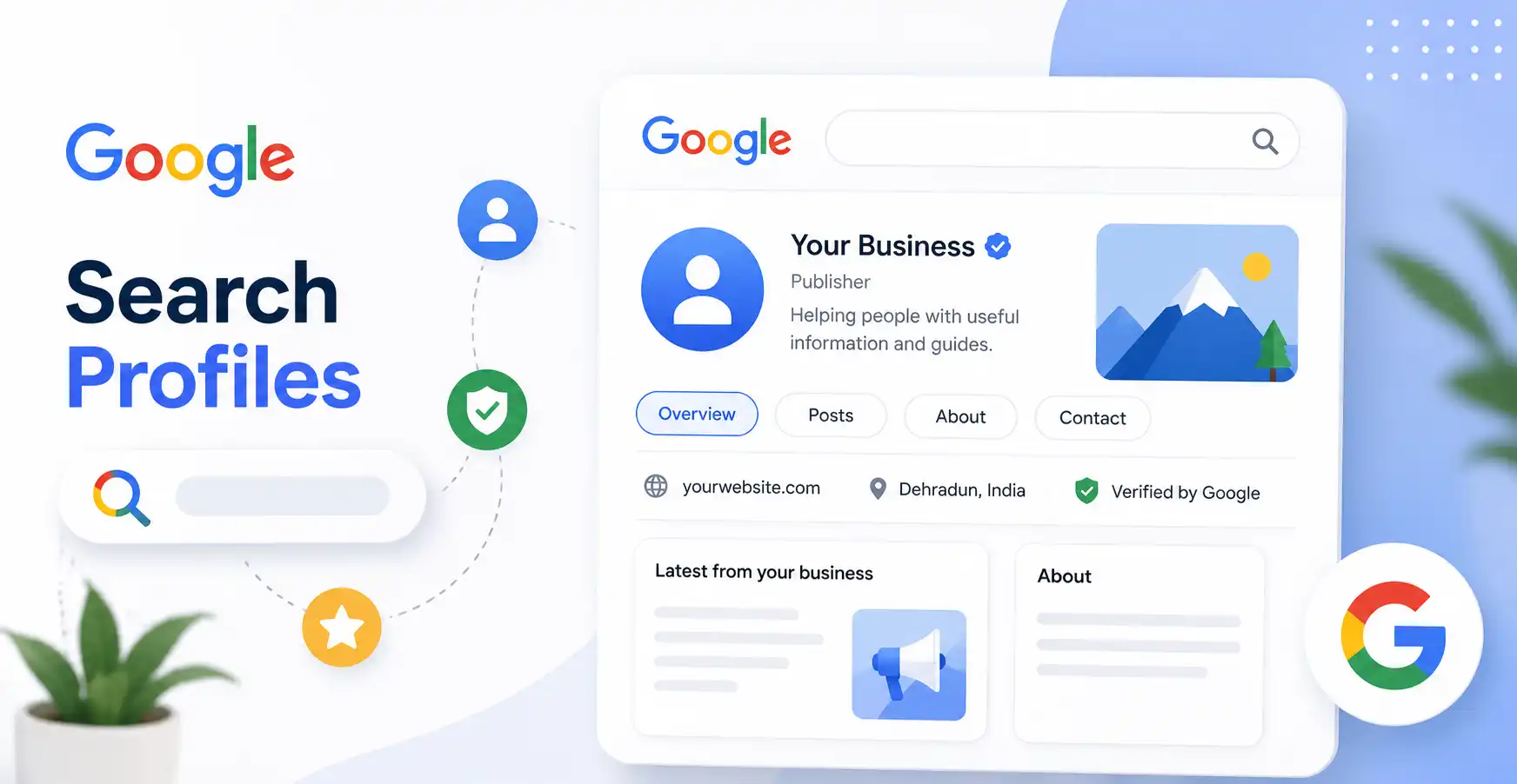 Google Search Profiles interface displaying a verified publisher profile with business information, website details, posts, and Google verification status