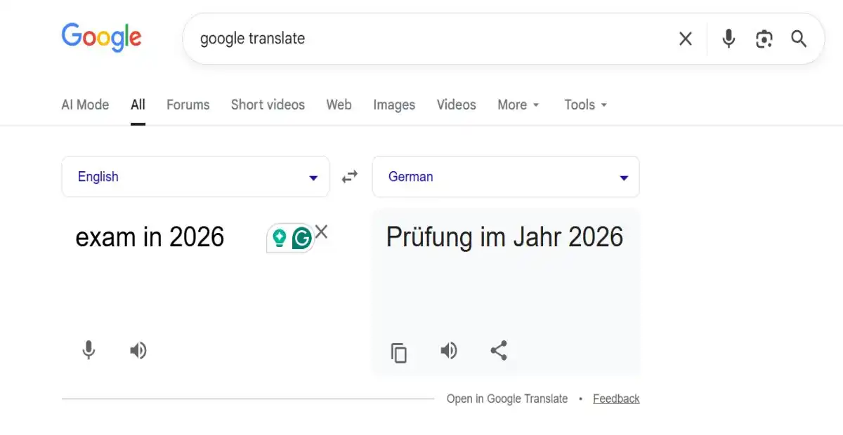 Google Translate interface showing English to German translation of "exam in 2026"