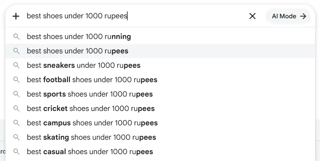 Google search suggestions for best shoes under 1000 rupees with AI-powered autocomplete and shopping queries