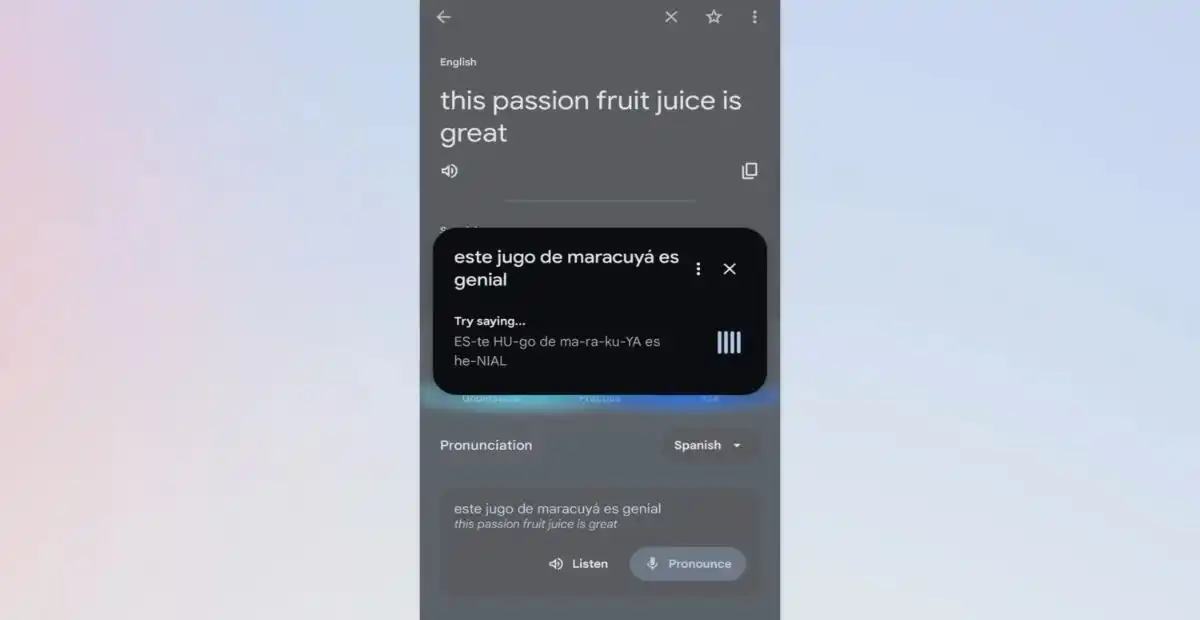 Google Translate mobile app showing English to Spanish translation with pronunciation feature