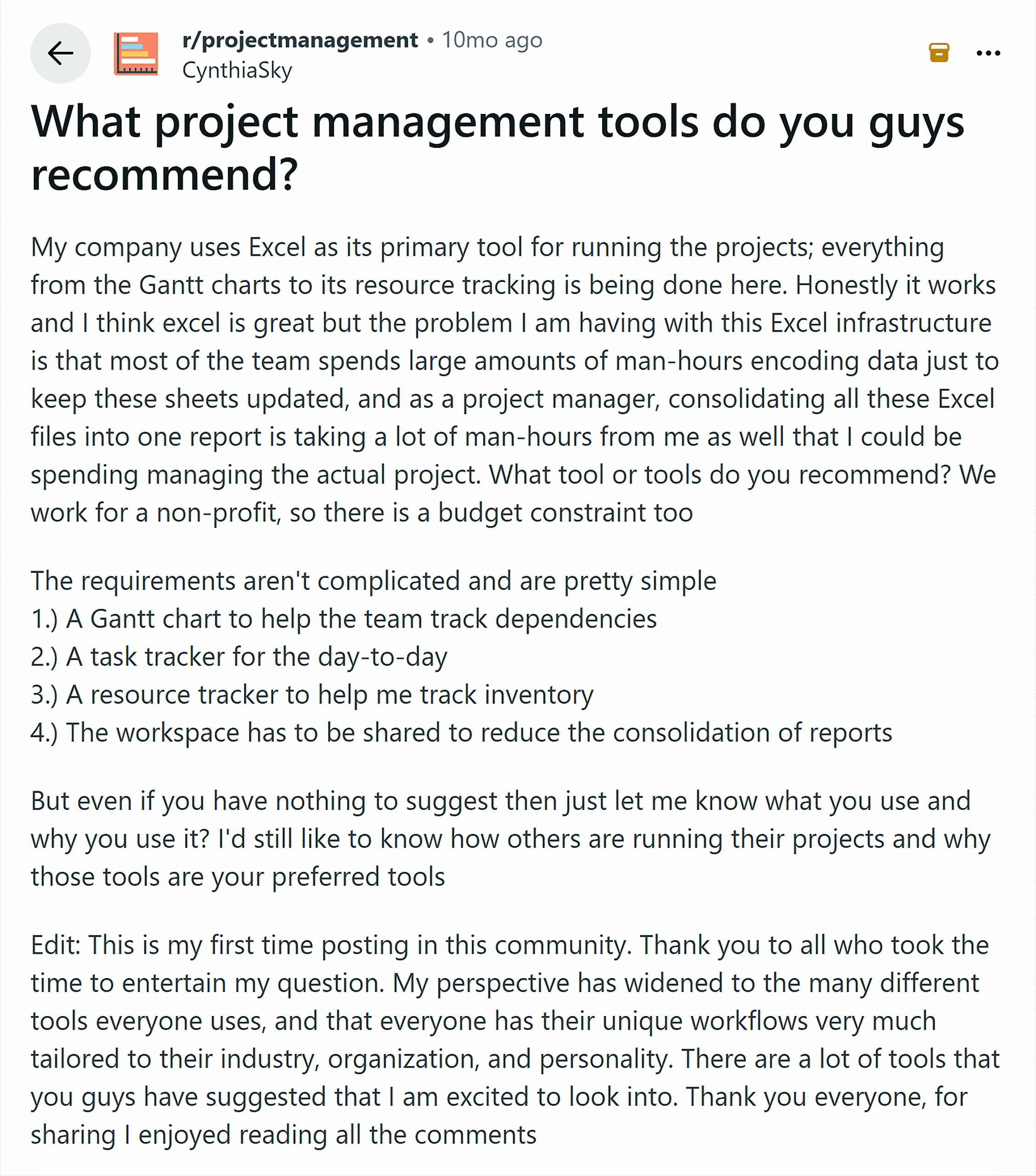 Reddit post asking for project management tool recommendations, describing challenges with Excel and listing requirements like task tracking and Gantt charts