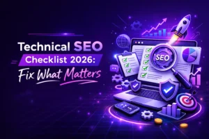 Technical SEO Checklist 2026 banner by HackandGrow featuring neon-style design with SEO icons, checklist, and analytics elements on a dark purple background