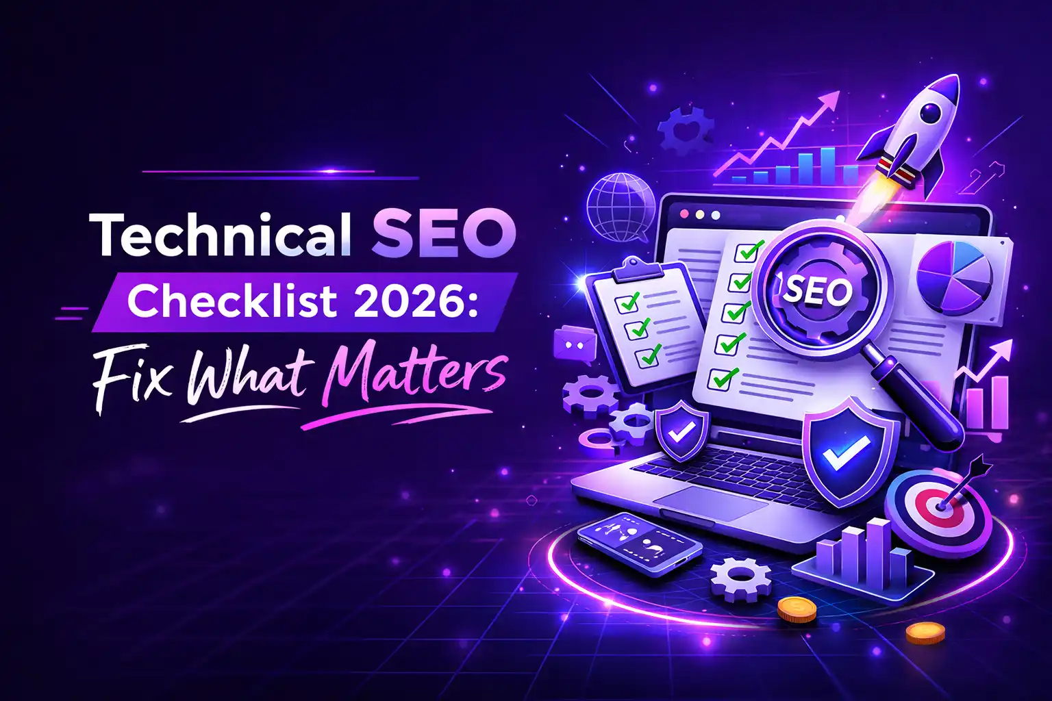Technical SEO Checklist 2026 banner by HackandGrow featuring neon-style design with SEO icons, checklist, and analytics elements on a dark purple background
